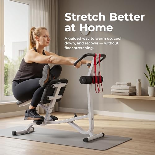 Sunny Health & Fitness Full Body Stretch Machine for Home Gym, Back Stretcher & Flexibility Trainer with Pivoting Seat, Foam Rollers, Safety Straps, Handlebar & SunnyFit App - color: Gray