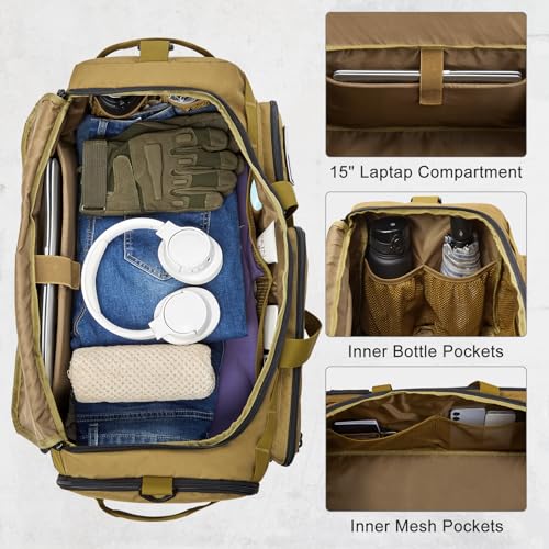 G4Free 3-in-1 Travel Duffle Bag for Men and Women, 50L Large Gym Sports Bags Tactical Military Duffle Backpack with Shoes Compartment and Wet Pocket (Khaki) - color: Khaki