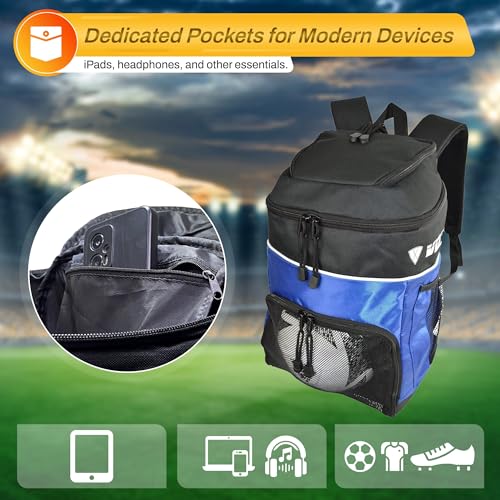 Vizari Soccer Backpack Soccer Bag | Water resistant Durable Equipment Bag for Football, Basketball, Volleyball | Cleats and Ball Compartment - Red,Blue,Black - color: ROYA
