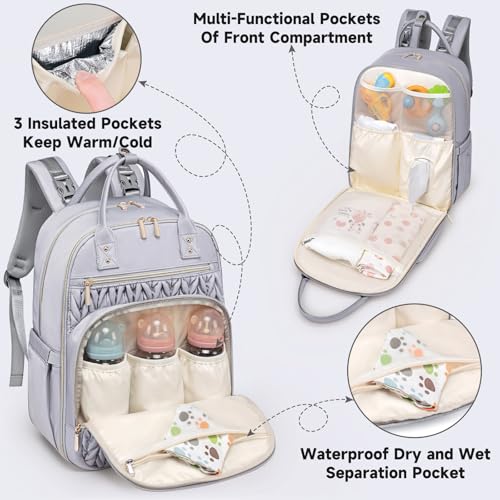 Tealari Diaper Bag Backpack,Stylish Baby Diaper Bag,Waterproof Travel Diaper Backpacks Baby Bags with Changing Pad,Stroller Straps,Insulated Pockets (Gray) - color: Gray