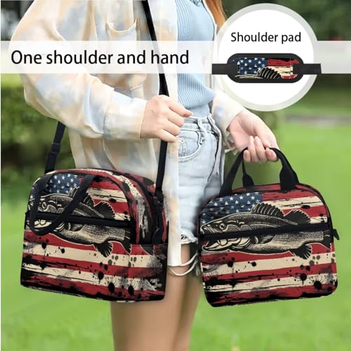School Backpack Set with Lunch Box Pencil Case 3 In 1 American Flag Fish School Bag Bookbag for Boys Girls Lager Capacity Student Daypack - color: American Flag Fish