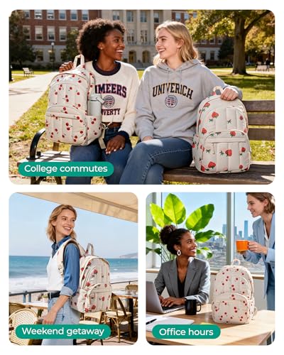 BAGSMART Womens Backpack Small Travel Laptop Backpack for Women, Quilted College Laptop Bookbag, Work Back Pack for Women, Cute Computer Water-Resistant Casual Daypack,Cherry Print - color: 15-cherry Print