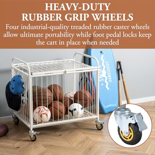 MyGift Large Capacity Metal Rolling Multi Sports Ball Cage Storage Hopper, Gym Equipment Basket Cart with Lockable Latch, Heavy Duty Caster Wheels, and 8 Accessory Hooks - color: White