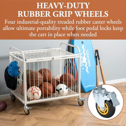 MyGift Large Capacity Metal Rolling Multi Sports Ball Cage Storage Hopper, Gym Equipment Basket Cart with Lockable Latch, Heavy Duty Caster Wheels, and 8 Accessory Hooks - color: White