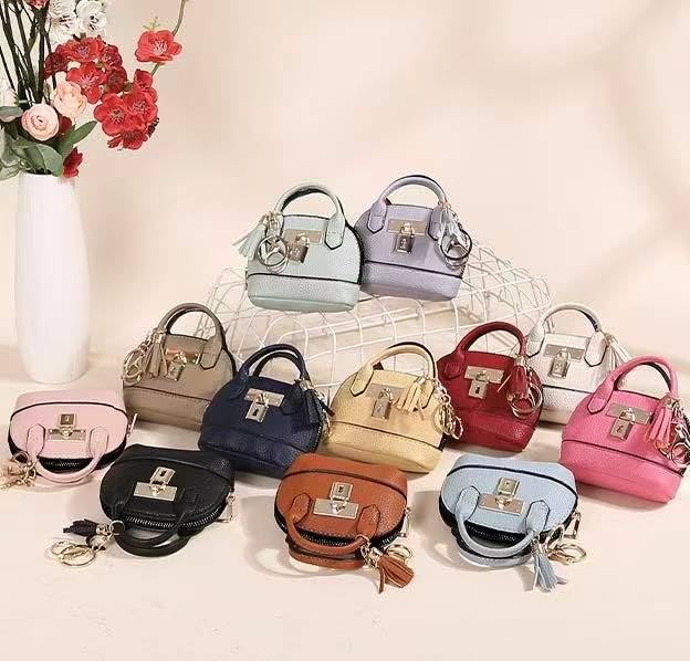 2 pcs Cute Mini Cosmetic Bag for Women PU Leather Backpack Keychain Makeup Bag Key Pocket Lipstick Bag Card Holder Data Cable Organizer Zipper Pouch (Handbag, White + Brown) - color: White + Brown