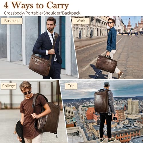 Faux Leather Messenger Bag for Men 17-17.3 Inch: Convertible 3 in 1 Backpack Laptop Bag Briefcase Computer Handbags Shoulder Crossbody Bag with Padded Laptop Sleeve for Work College Travel, PU Coffee - color: Pu Brown Coffee
