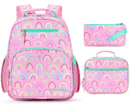 mibasies Girls Backpack with Lunch Box: 3PCS Kids Backpack Set for Kindergarten Elementary - 15 IN Cute Bookbag - Rainbow - color: Rainbow