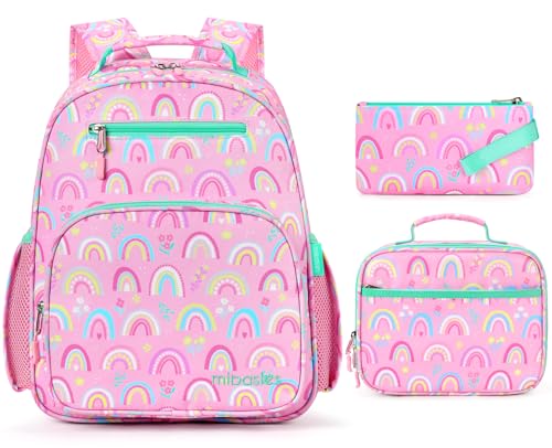 mibasies Girls Backpack with Lunch Box: 3PCS Kids Backpack Set for Kindergarten Elementary - 15 IN Cute Bookbag - Rainbow - color: Rainbow