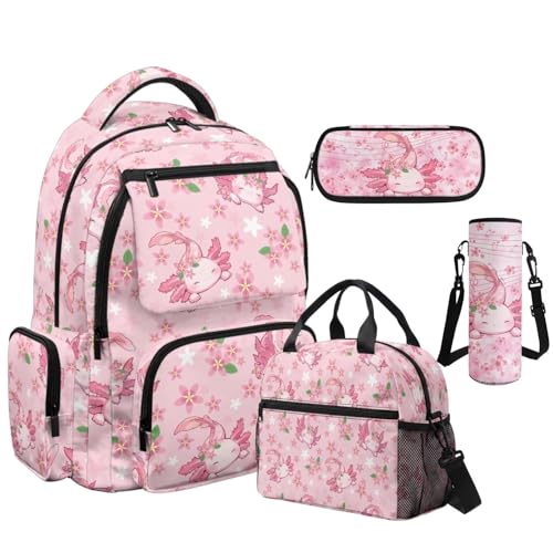 Cherry Blossom Axolotl Backpack for Girls School Backpack with Lunch Box Water Bottle Pouch Pencil Case 4PCS Set Elementary School Backpacks for Girls Kids Bookbag with Front Pocket Book Bag - color: Cherry Blossom Axolotl