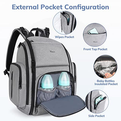 Mancro Diaper Bag Backpack, Large Multifunction Waterproof Travel Baby Changing Bag for Dad Mom with 4 Insulated Pockets and Stroller Straps, Maternity Baby Bag for Boys Girls, Grey - color: Austere Grey