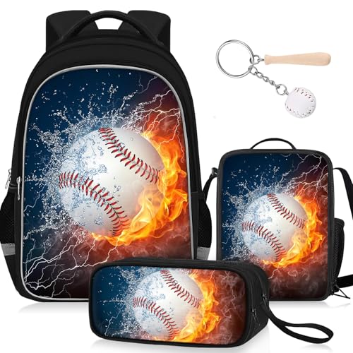 School Backpack for Boys - 4pcs Baseball Boys Backpack with Lunch Box and Pencil Case for Kids Children Teens Elementary Middle School - Students Bag for Ages 6-18,17″Bookbag Travel Back Pack - color: Baseball-03-backpack Set