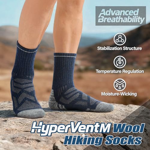 ANTSANG Merino Wool Hiking Socks, Enhanced Breathability, Targeted Cushion Thermal Socks for Men and Women, 5 Pairs - color: Blue/Gray/Black, size: Large