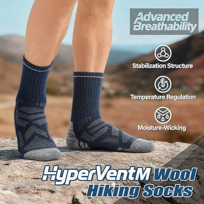 ANTSANG Merino Wool Hiking Socks, Enhanced Breathability, Targeted Cushion Thermal Socks for Men and Women, 5 Pairs - color: Blue/Gray/Black, size: Medium