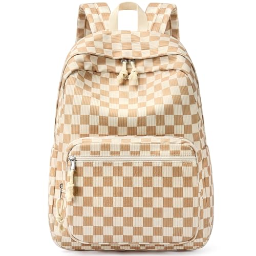 mibasies School Backpack for Girls with Laptop Sleeve: 18IN Large Capacity Corduroy Bookbag for Primary Middle School/College, Travel Daypack for Teens Women - Brown Checkered - color: Brown Checkered