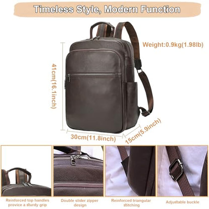 Genuine Leather 15.6 Inch Laptop Backpack for Men & Women, Business Commute Bag Daypack with Multi-Pockets for Travel Outdoor, Coffee Brown - color: Y80-17y-coffee