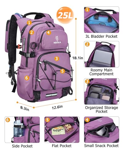 NOOLA Hydration Backpack with 3L Water Bladder - 25L Water Backpack for Hiking, Cycling, Running, Biking - Lightweight Hiking Pack Bag with Rain Cover, Phone Holder and Trekking Pole Holders, Purple - color: Purple, size: 25 Liters