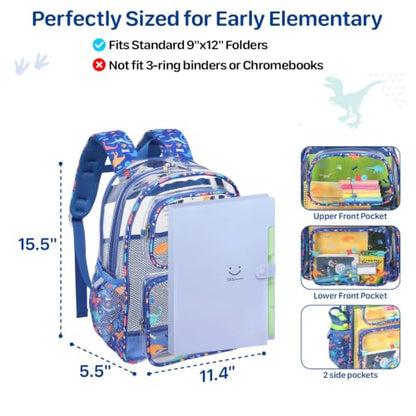 Bagseri Clear Backpack for Boys, 15 Inch Heavy Duty Kids Transparent Bookbag for School Kindergarten to 2nd Grade, Fits 12.5 Inch Folders, High Visibility Reflective Strips, Blue Dinosaur - color: 1pcs, B-blue Dinosaur, style: Backpack
