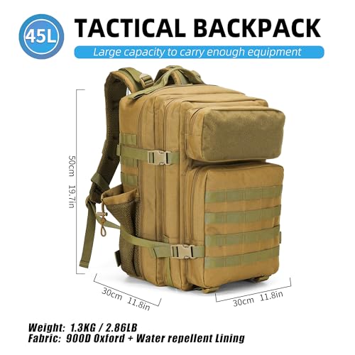 gracedon Tactical Backpack - Military Molle Bag 3 Days Pack for men and Women Large Assault Rucksack 45L (Khaki) - color: Khaki