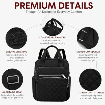 Small Backpack for Women Casual Quilted Square Bag Waterproof Multi Pockets Daypack Lightweight Top Handle Satchel - color: Black