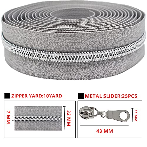 MebuZip #5 Silver Metallic Nylon Coil Zippers by The Yard Bulk Coil Zipper Roll 10 Yards with 25pcs Pulls for DIY Sewing Craft Bags (Grey) - color: Silver Grey