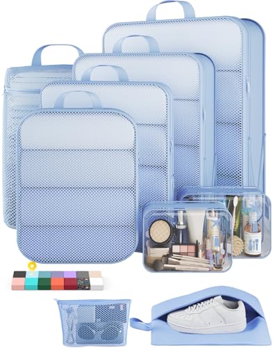Veken 9/11 Set Compression Packing Cubes for Travel Essentials,Compressible Expandable Large Luggage Suitcase Organizer Bags for Clothing,Space Saver Bags with Over 1000 pcs of Mesh Holes(Light Blue) - color: Light Blue, size: 9 set