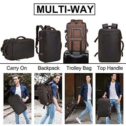 Masa Kawa Leather 15.6 Inch Laptop Backpack for Men Expandable 36L Business Travel Rucksack Daypack Weekender Bag - color: Brown