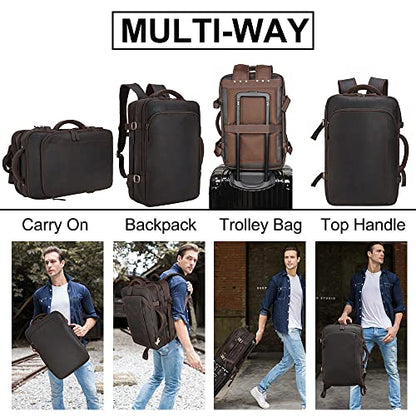 Masa Kawa Leather 15.6 Inch Laptop Backpack for Men Expandable 36L Business Travel Rucksack Daypack Weekender Bag - color: Brown
