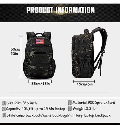 4land Camo Backpack for Boys,Army Boys Backpacks for Elementary Middle School Military,Camouflage Bookbag 40L - color: A-black Camo