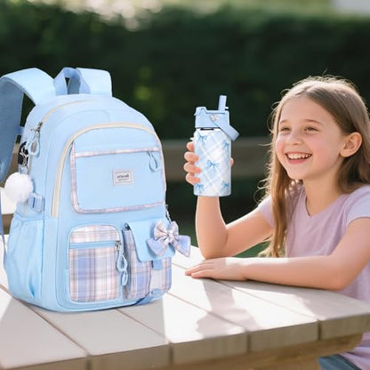Bevalsa Backpack for Girls, Bow Plaid Bookpack with 14oz Insulated Water Bottle, Lunch Bag & Pen Case, Schoolbag for Kids & BPA-FREE Stainless Steel Metal Cup for Elementary Middle Student (Blue) - color: Blue Plaid