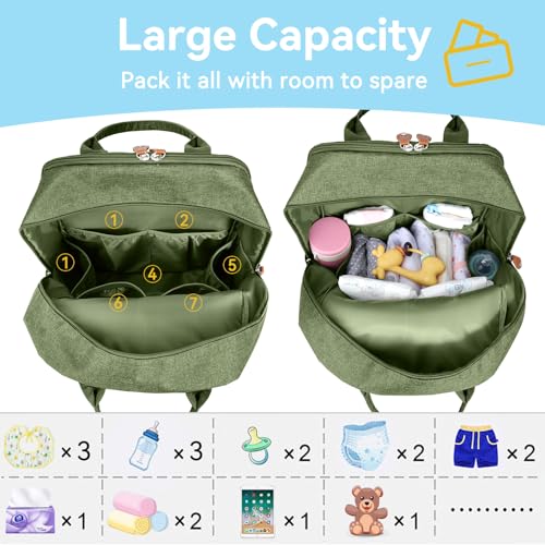 LANDICI Diaper Bag Backpack, Multifunction Baby Diaper Bags with Changing Pad, Stroller Straps & Pacifier Case, Travel Essentials Back Pack for Mom Dad Boy Girl, Large Capacity, Waterproof, Army Green - color: Army Green