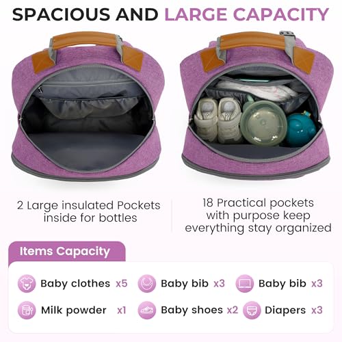 Diaper Bag Backpack, Large Baby Nappy Bags with Portable Changing Pad for Boys and GirlsMultifunction Travel Baby Bag for Moms Dads, Shower Gifts Waterproof and Stylish，Purple - color: Purple 1