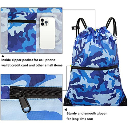 draw string back bag, Large Gym Sports string backpack for men and women with front zipper pocket and inside zipper pocket to keep key or phone(blue camo) - color: Blue Camo, style: Drawstring With Front Pocket