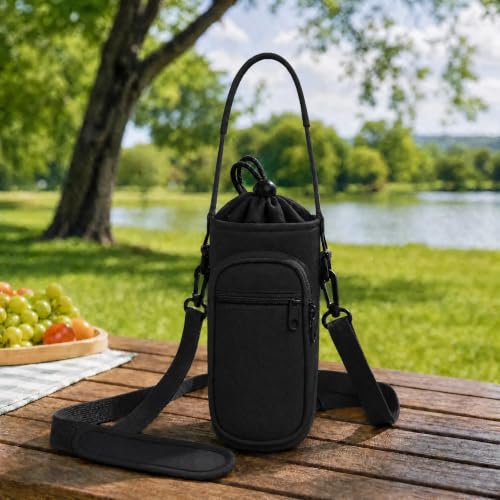 Water Bottle Holder with Strap, Water Bottle Carrier Bag with Phone Pocket, Shoulder Hand Strap Insulated Neoprene 32/40 oz Water Bottle Sleeve for Walking Hiking Camping Gym - color: 1 BLACK, size: under 32oz