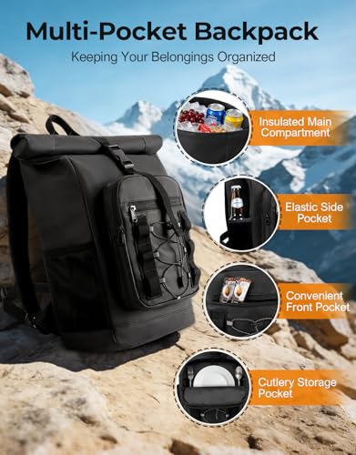 ISEYOU Rolltop Cooler Backpack, 36 Cans Insulated Backpack for Men & Women, Keeps Cold for Up to 20 Hours, Waterproof & Leak Proof Cooler Bag for Picnic, BBQ Camping, Lunch, Beach, Hiking