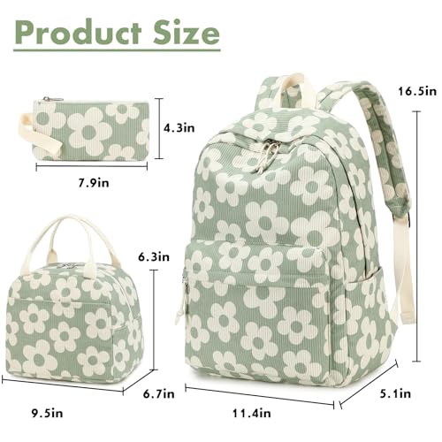 Bluboon School Backpack Set Girls Womens Laptop Bookbag Casual Daypack Fits 15 inch Laptop with Lunch Tote Bag and Pencil Bag - color: Beige Floral / Green-gray Base