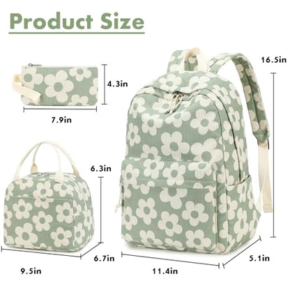 Bluboon School Backpack Set Girls Womens Laptop Bookbag Casual Daypack Fits 15 inch Laptop with Lunch Tote Bag and Pencil Bag - color: Beige Floral / Green-gray Base
