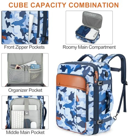 BAGPARKK Travel Backpack 42L Carry on Backpack Flight Approved Expandable Travel Backpack Carry on Backpack Luggage Daypack (Blue Camouflage) - color: Blue Camouflage