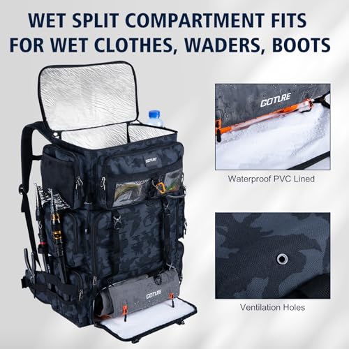 Goture Fishing Backpack with Cooler,72L Large 600D Tackle Backpack with Rod Holders,Dry & Wet Split Compartment,Adjustable Main Compartment,Rain Cover,Insulated Tactical Bag for Travel Camping Hiking - color: Camo (Only Bag, Without Tackle Box)
