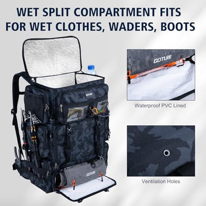 Goture Fishing Backpack with Cooler, 72L 600D Tackle Backpack Included 4 3700 Tackle Boxes, Dry & Wet Split Compartment, Large Fishing Tackle Bag with Rod Holders,Rain Cover for Travel Camping Hiking - color: A2:Camo with 4 3700 Tackle Boxes