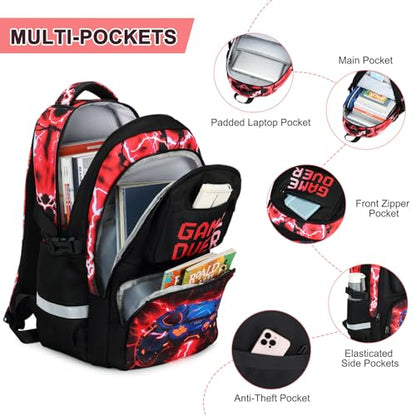 3PCS School Backpack for Boys, Cool Gamer Boys Backpack with Lunch Box and Pencil Case for Kids Kindergarten Teens Elementary Middle School Bag with Convenient Charging Port,Gaming Bookbag Waterproof - color: Red Lightning