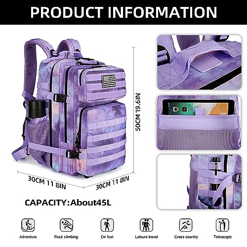 Military Tactical Assault Backpack - 45L 3 Day Assault Pack with MOLLE Waterproof Rucksack - color: Purplestars