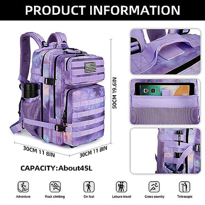 Military Tactical Assault Backpack - 45L 3 Day Assault Pack with MOLLE Waterproof Rucksack - color: Purplestars