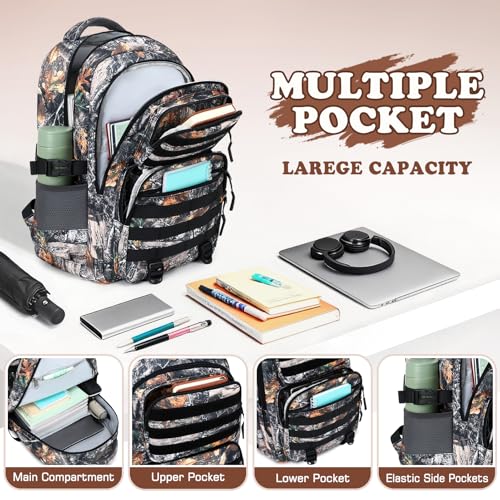 Camo Backpack for Boys, Tactical Boys Backpack with Lunch Box Pencil Case, Kids Backpacks with USB Charging Port, Military Army School Bookbag for Teen Boy Elementary Middle High School Camp - color: Brown Leaves