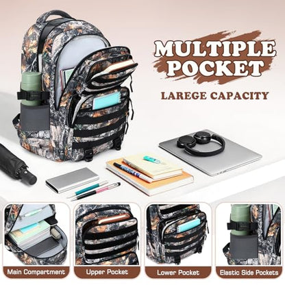 Camo Backpack for Boys, Tactical Boys Backpack with Lunch Box Pencil Case, Kids Backpacks with USB Charging Port, Military Army School Bookbag for Teen Boy Elementary Middle High School Camp - color: Brown Leaves