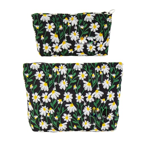 getgto 2 Pcs Makeup Bags, Large Cosmetic Bag Travel Toiletry Bag Organizer for Women, Embroidery Craft, Floral Makeup Bag Small Cosmetic Pouch Purse with Zipper Gifts for Girls Teen - color: Black Green Daisy