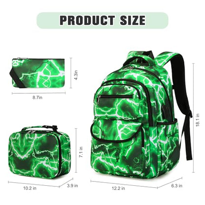 Bevalsa Backpack for Boys, Lightning School Bags with Lunch Bag & Pen Case for Kids, Bookbag for Boys Teens Elementary Middle High School - color: Neon Green