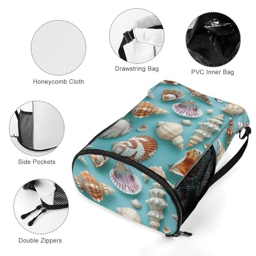 Drawstring Gym Backpack with Shoe Compartment And Wet Pocket, 28L Lightweight Waterproof Various Shell Patterns Sports Backpack for Workout Swim Beach Travel String Bag for Men Women