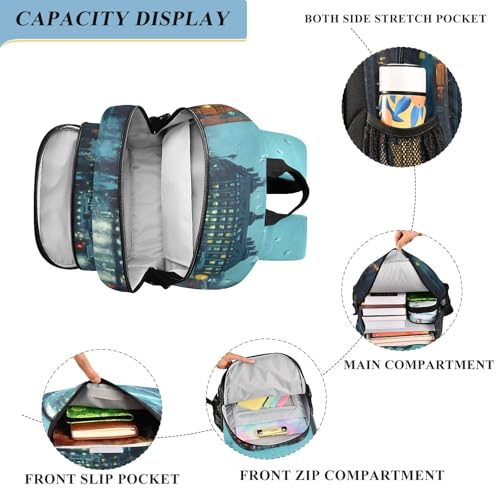 Backpack Rain City Print, Lightweight Daypack Multifunctional Backpack for Women Men Flap Backpack