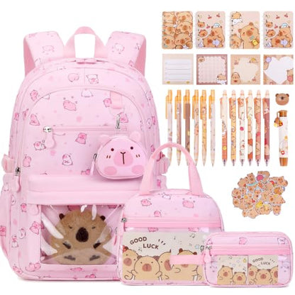 Capybara Theme Backpack for School Girls, 35PCS Kids Backpack Set with School Supplies Stationery Kit Lunch Box Pencil Case, Cute Girls Bookbag for Kindergarten Elementary Student - color: Pink