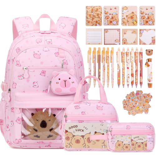 Capybara Theme Backpack for School Girls, 35PCS Kids Backpack Set with School Supplies Stationery Kit Lunch Box Pencil Case, Cute Girls Bookbag for Kindergarten Elementary Student - color: Pink
